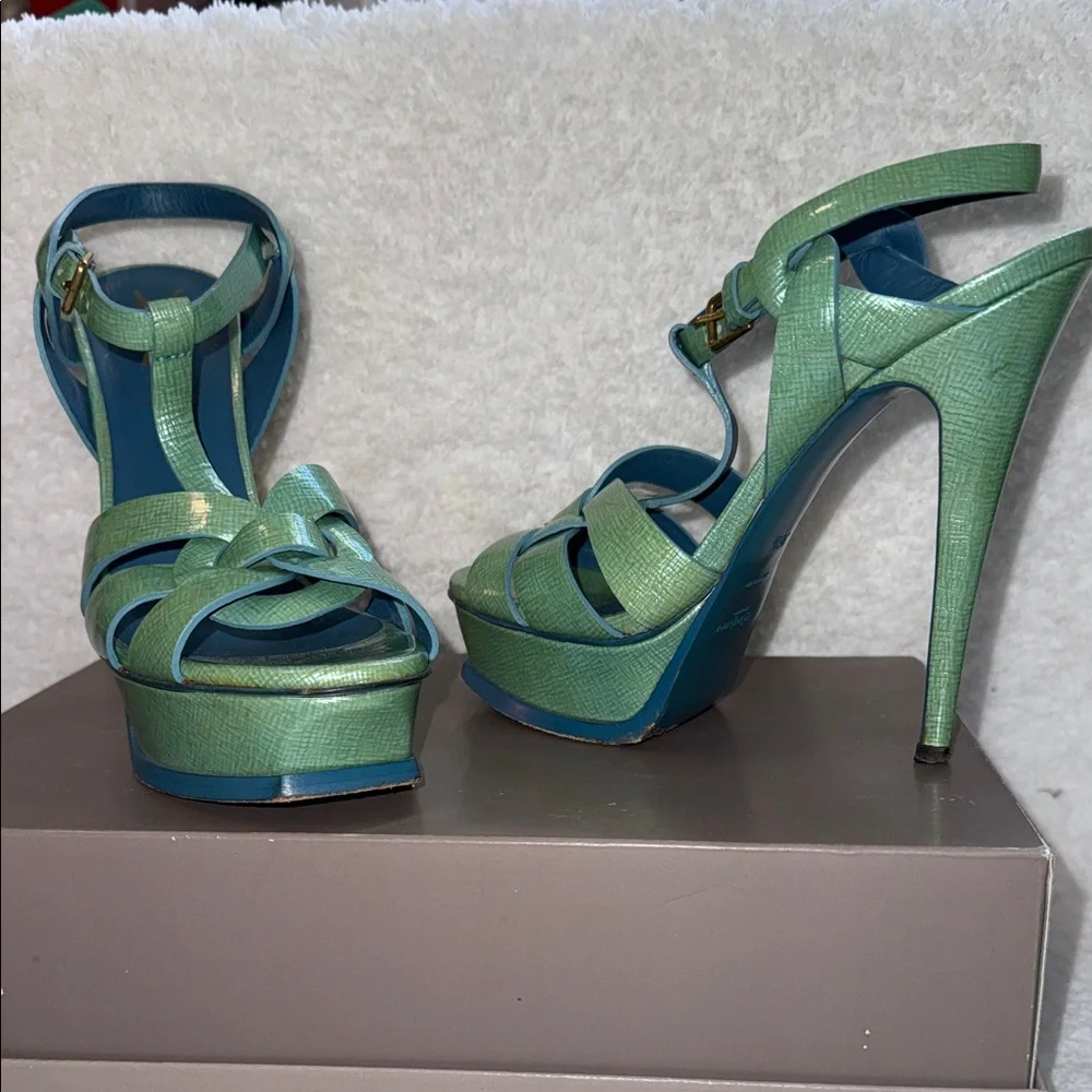 YSL Yves Saint Laurent Tribute Green Lizard Embossed Platform Heels Sandals 36.5